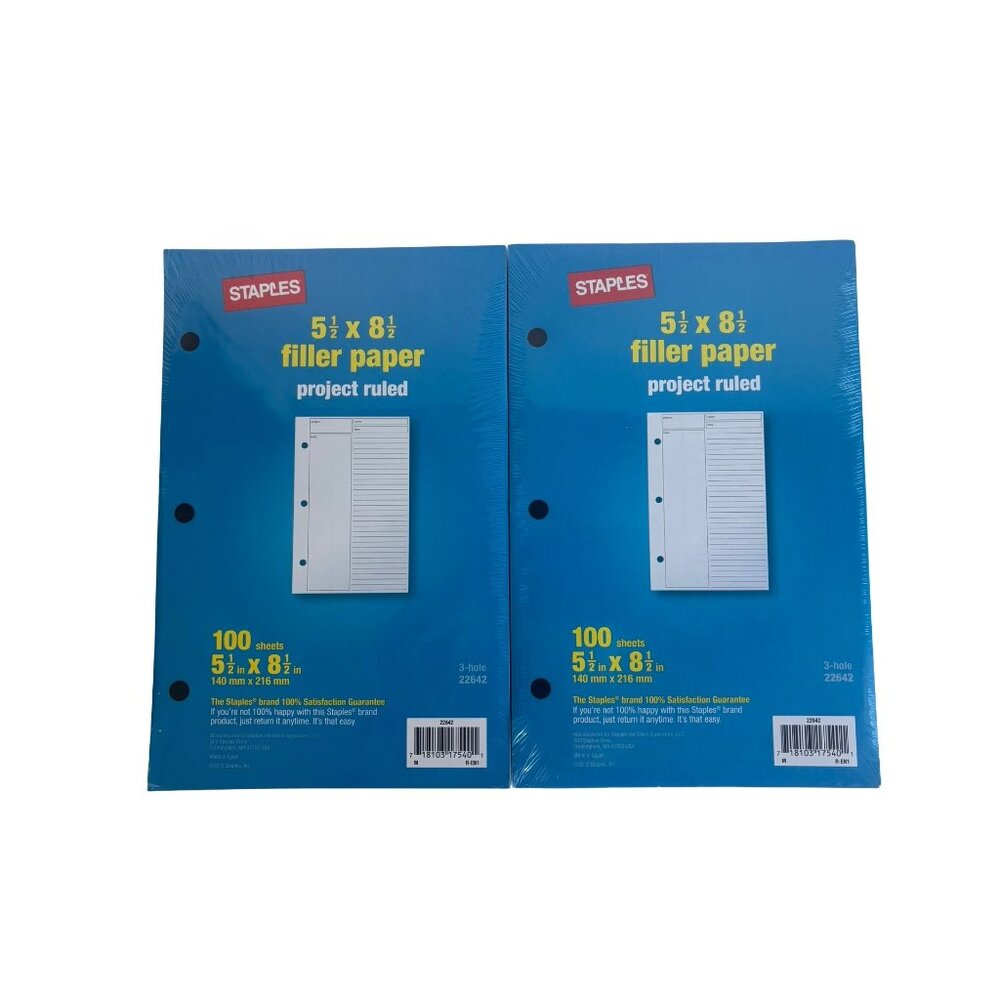 Staples Project Ruled Refill Sheets for 5 1/2 x 8 1/2 Binders 100 Sheets x 2